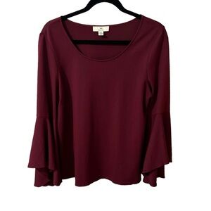 Halston Scoop Neck Top with Bell Sleeves Womens Blouse Burgundy M Flute Sleeve